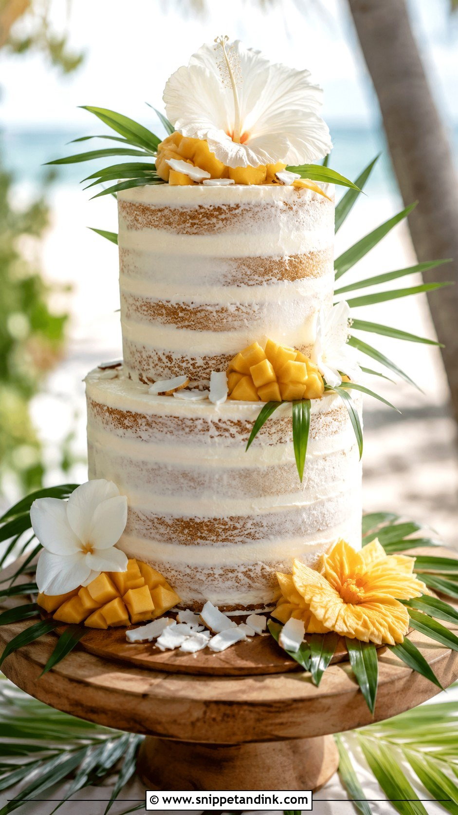 Tropical Wedding Cake With Semi Naked Frosting - Snippet and Ink - 25 Elegant Tropical Wedding Cake Ideas