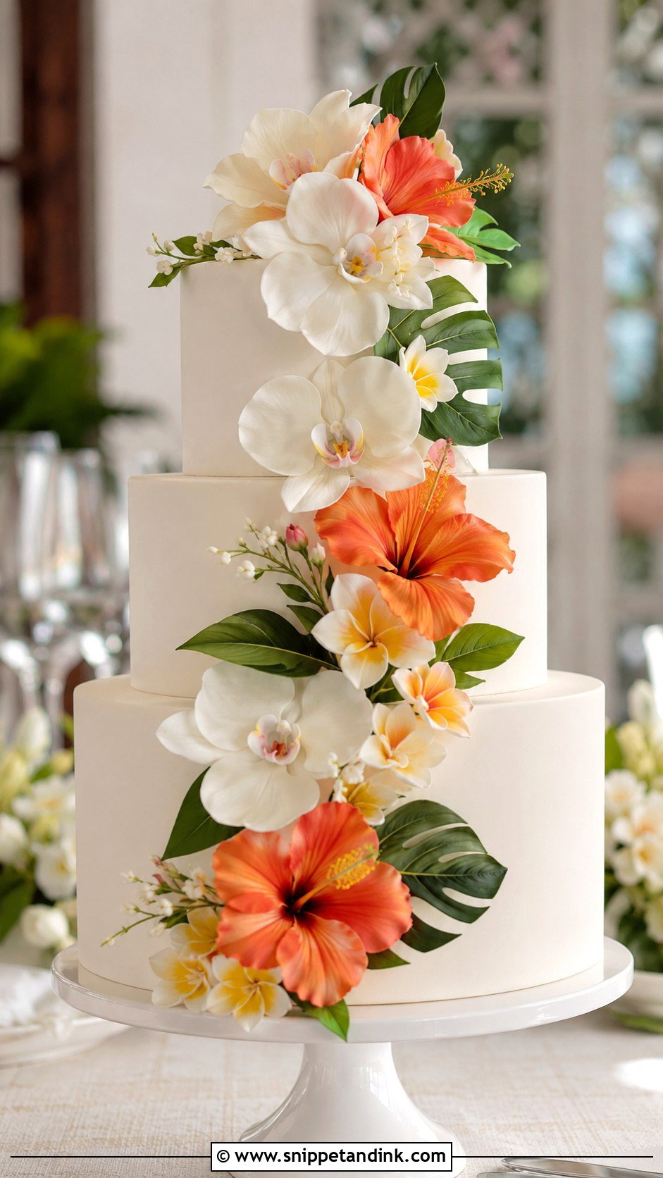 Tropical Wedding Cake With Sugar Flowers - Snippet and Ink - 25 Elegant Tropical Wedding Cake Ideas