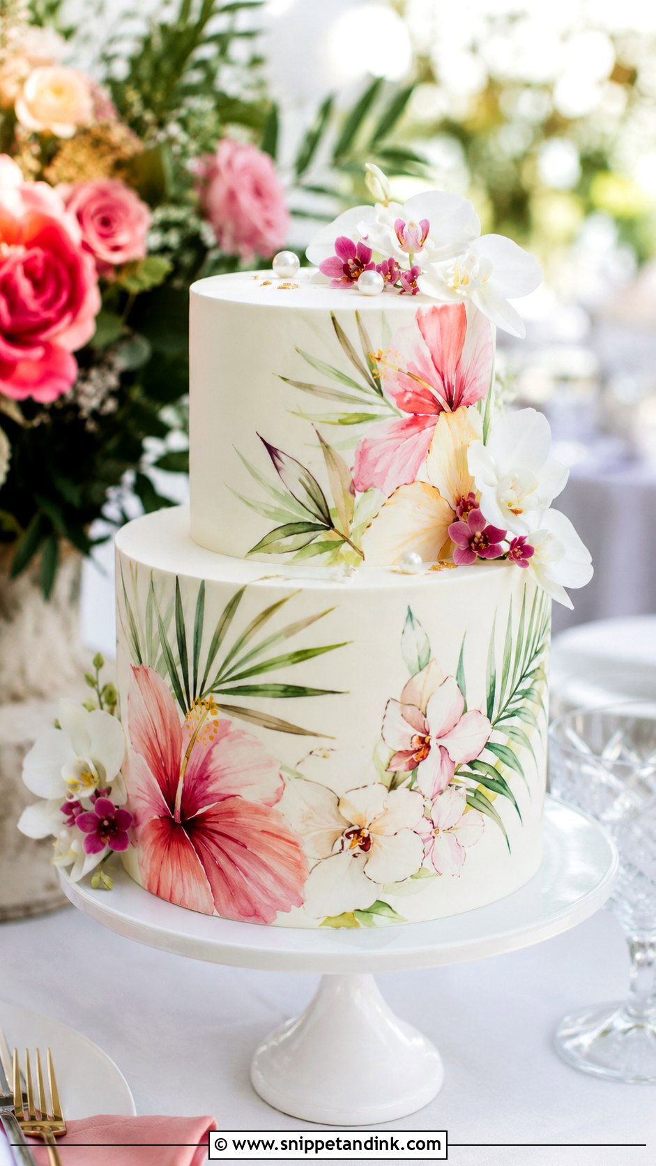 Tropical Wedding Cake With Watercolor Flowers - Snippet and Ink - 20 Tropical Themed Wedding Cake Ideas