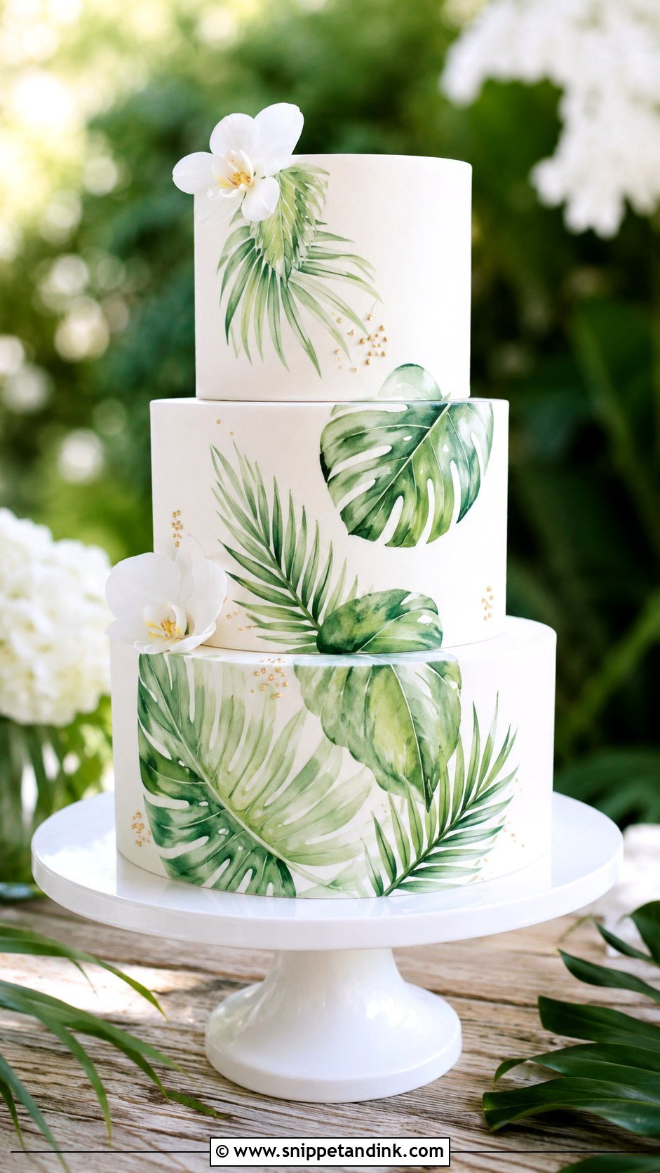 Tropical Wedding Cake With Watercolor Leaves - Snippet and Ink - 25 Elegant Tropical Wedding Cake Ideas