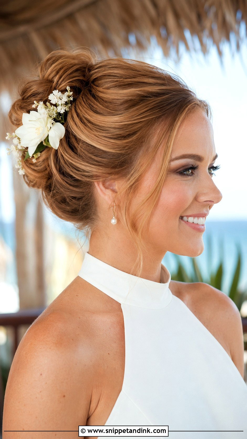 Tropical Wedding High Bun - Snippet and Ink - 15 Tropical Wedding Hairstyles
