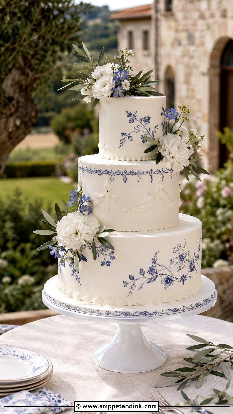 Tuscany Blue And White Wedding Cake - Snippet and Ink - 20 Tuscany Wedding Cake Ideas
