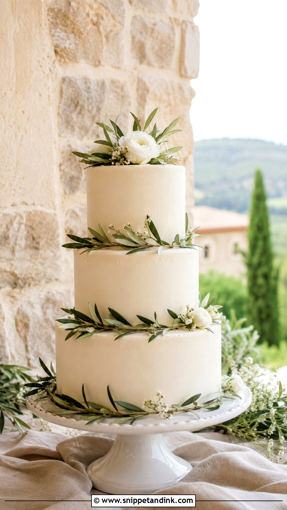 Tuscany Olive Branch Wedding Cake - Snippet and Ink - 20 Tuscany Wedding Cake Ideas