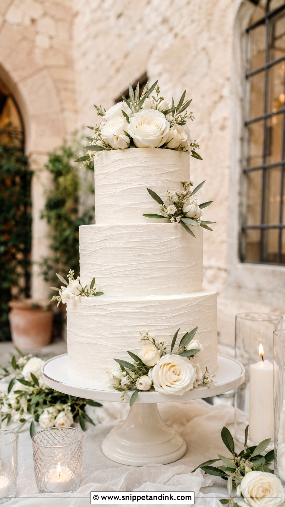Tuscany White Buttercream Wedding Cake - Snippet and Ink - 20 Tuscany Wedding Cake Ideas