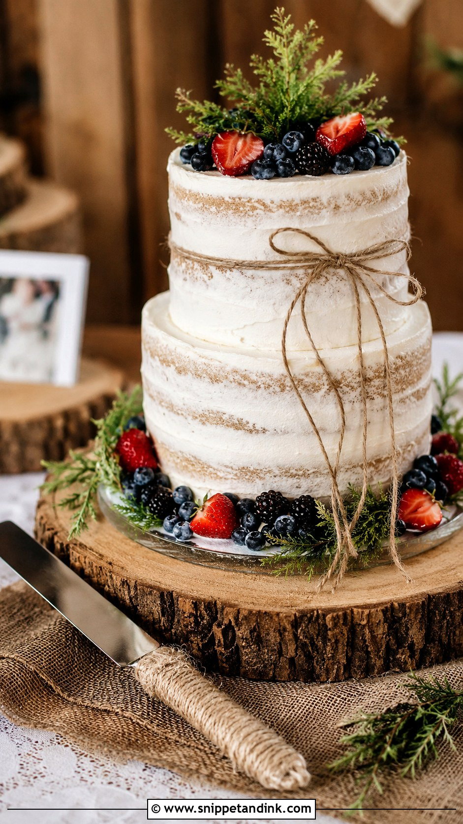Twine Wedding Cake Knife With Rustic Wedding Cake - Snippet and Ink - 30 Wedding Cake Knife Decoration Ideas