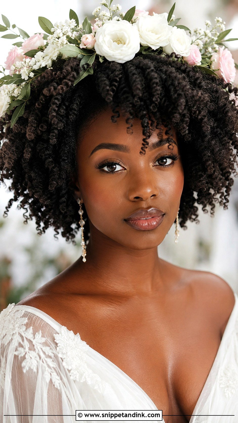 Twist Out Afro With Floral Crown - Snippet and Ink - 30 Black Bridal Hairstyles
