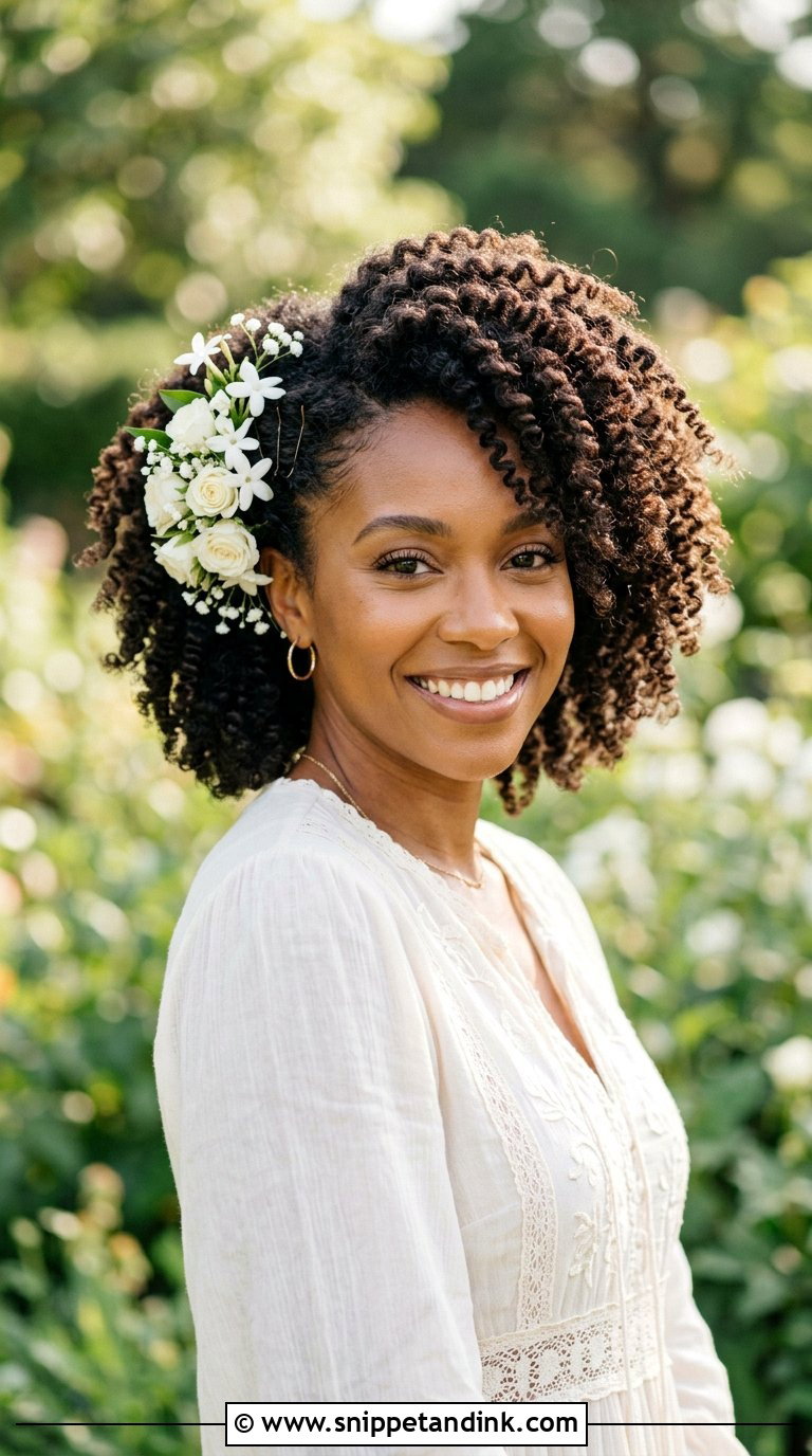 Twist Out With Side Flowers - Snippet and Ink - 20 Bridal Hairstyles for Black Women