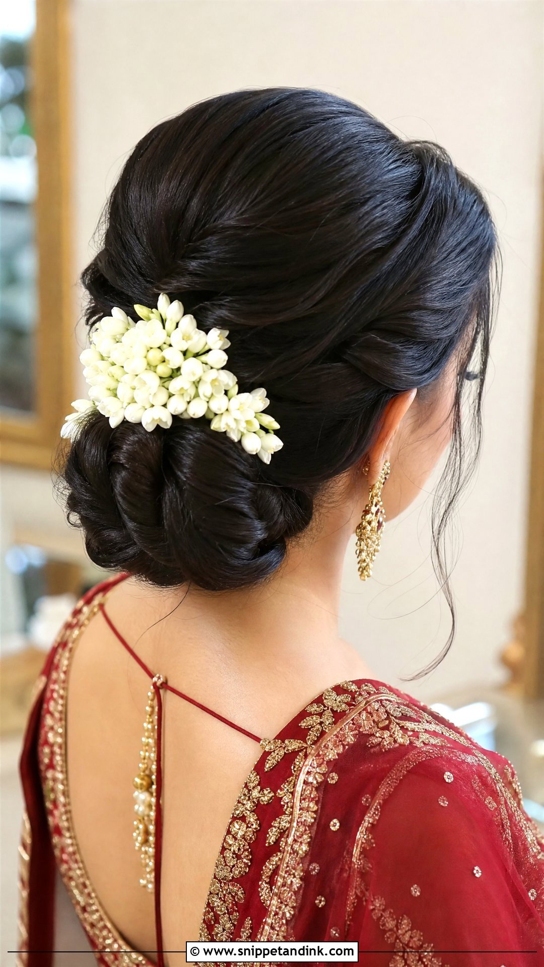 Twisted Bun Updo With Fresh Flowers - Snippet and Ink - 20 Pakistani Baraat Hairstyles