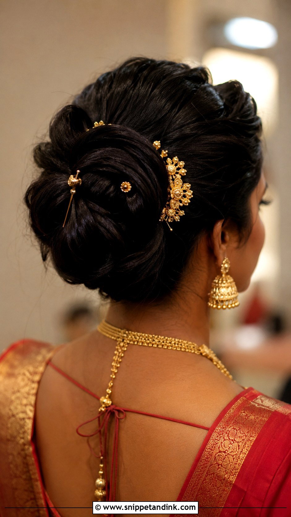 Twisted Bun With Gold Accents - Snippet and Ink - 25 South Indian Bride Engagement Hairstyle Ideas