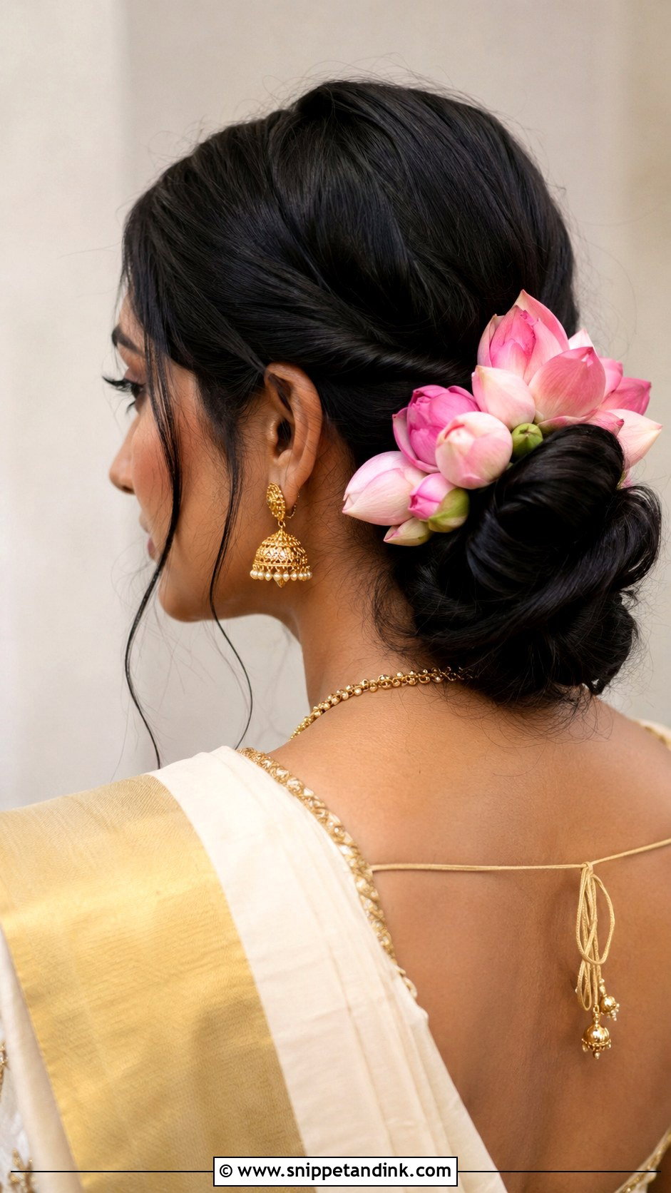 Twisted Bun With Lotus Flowers - Snippet and Ink - 20 Seemantham Hairstyle Ideas