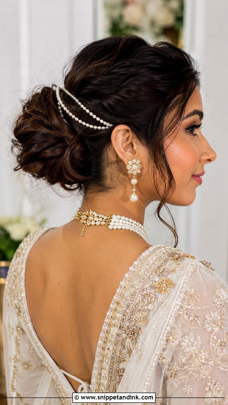 Twisted Bun With Pearl Strings - Snippet and Ink - 25 Indian Weddings Bridal Hair Styles