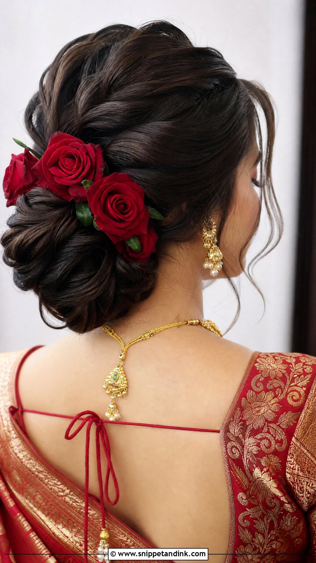 Twisted Bun With Red Roses - Snippet and Ink - 20 Bengali Bridal Hairstyle Ideas