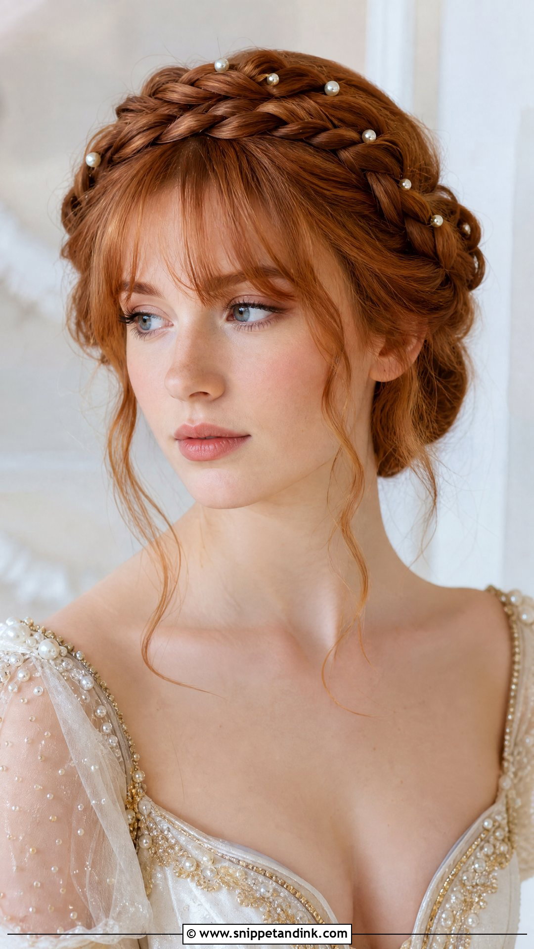 Twisted Crown Braid With Soft Bangs - Snippet and Ink - 20 Wedding Hairstyles Bangs