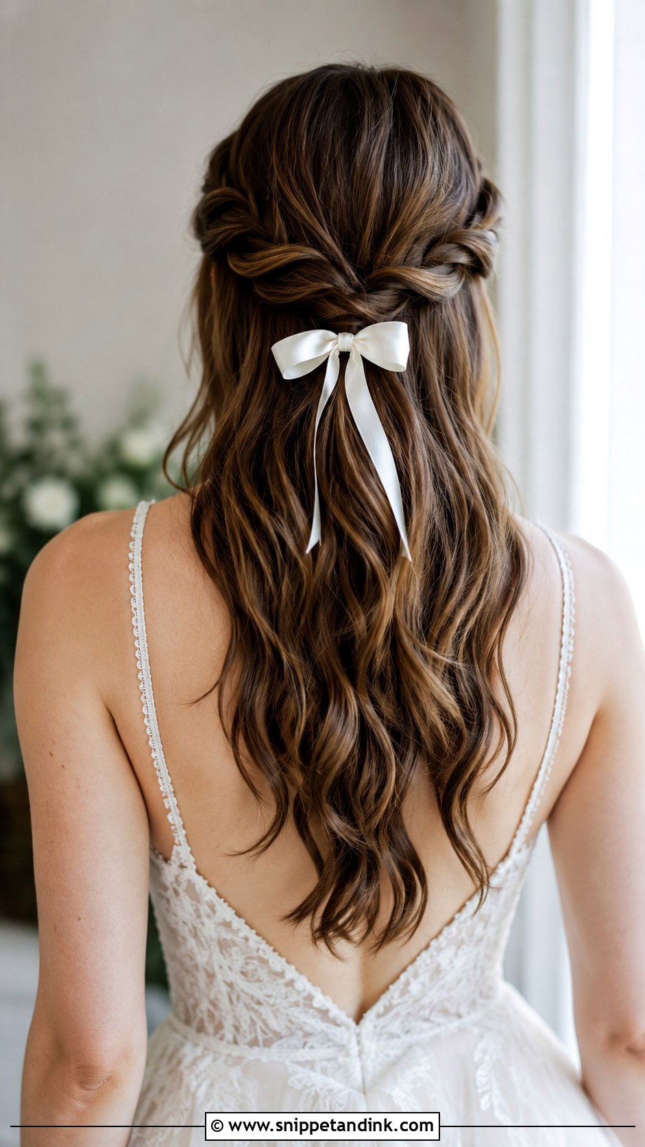 Twisted Crown Half Up With Small Bow - Snippet and Ink - 20 Half-Up Half-Down Wedding Hair with Bow Ideas