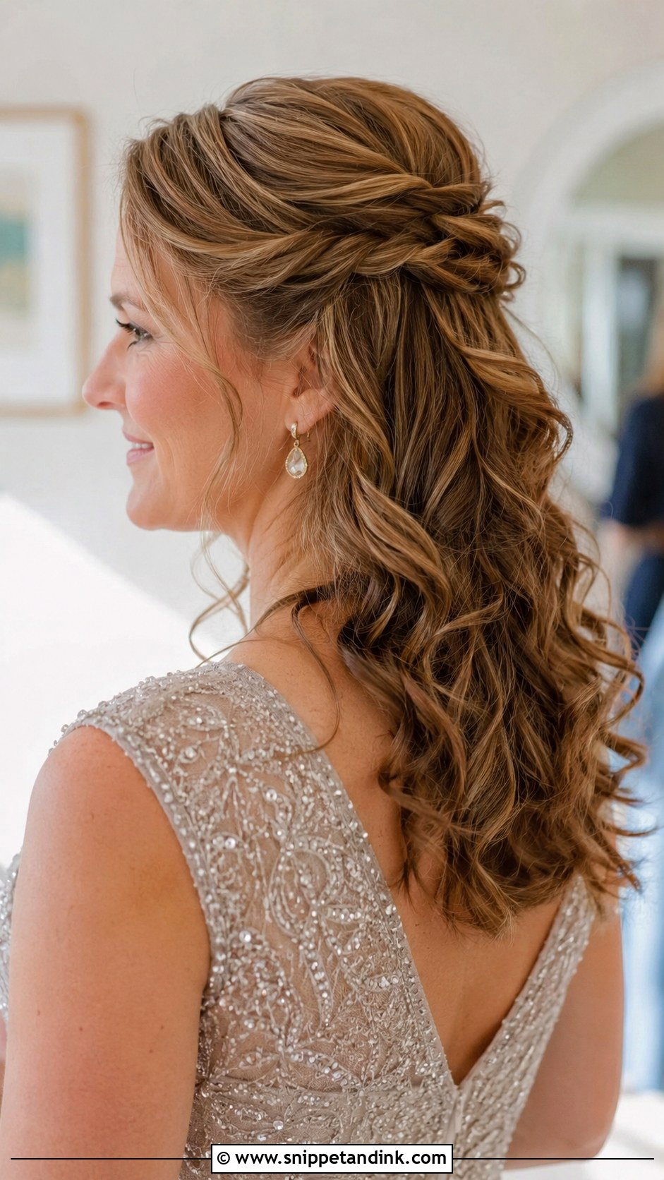 Twisted Crown Half Up With Soft Curls - Snippet and Ink - 30 Half-Up Half-Down Mother of Bride Hair Ideas