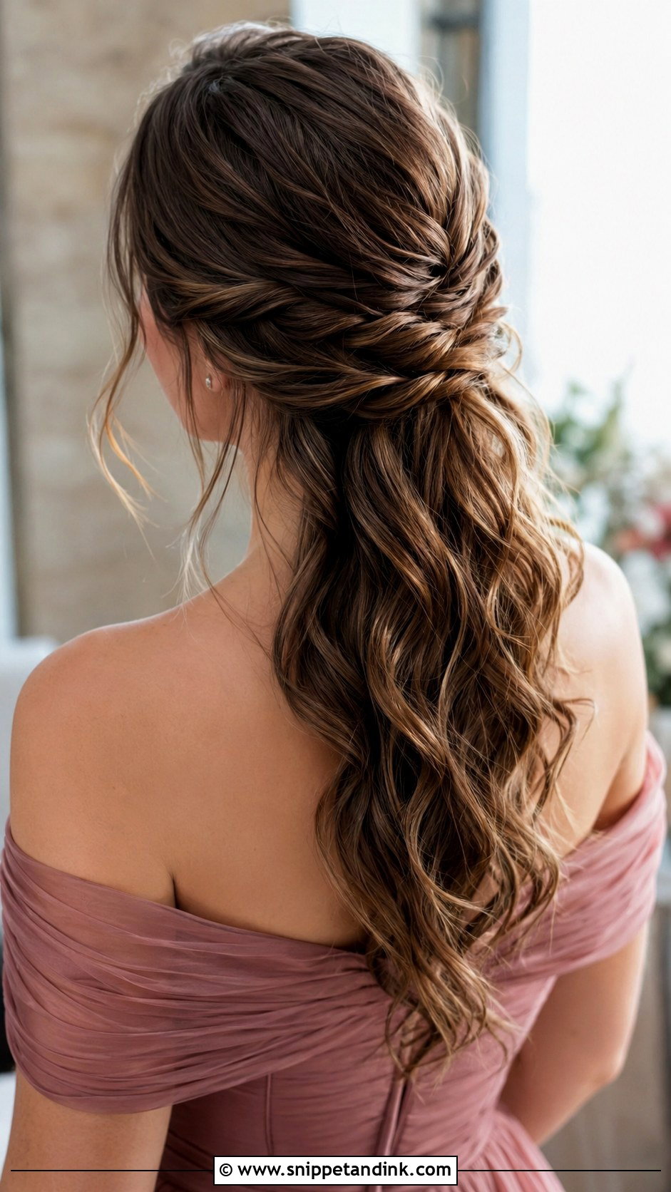 Twisted Half Up Bridesmaid Hairstyle With Off Shoulder Dress - Snippet and Ink - 20 Bridesmaid Hairstyles with Off Shoulder Dress