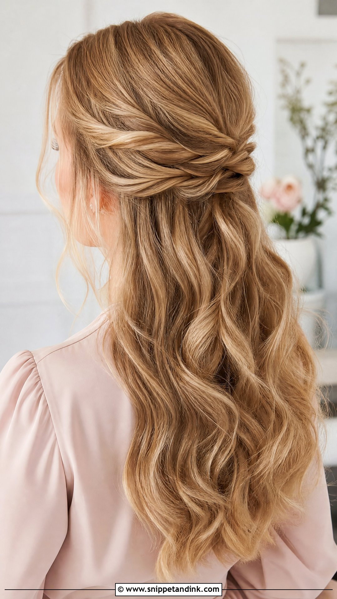 Twisted Half Up With Cascading Waves - Snippet and Ink - 20 Romantic Half-Up Half-Down Ideas