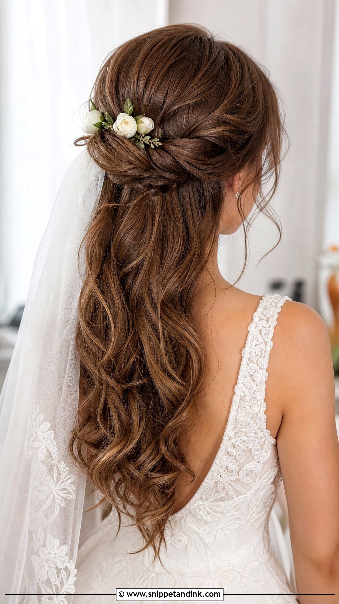 Twisted Half Up With Cascading Waves - Snippet and Ink - 20 Simple Long Hair Wedding Hairstyles