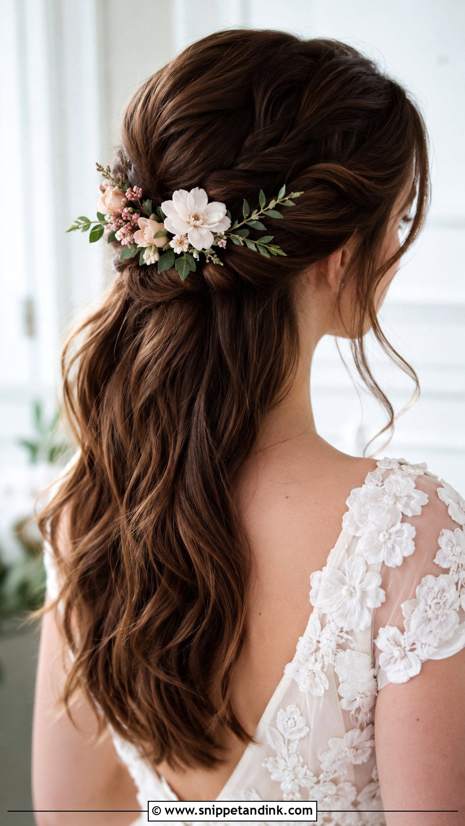 Twisted Half Up With Floral Pins - Snippet and Ink - 20 Brunette Bridal Half-Up Half-Down Hair Ideas