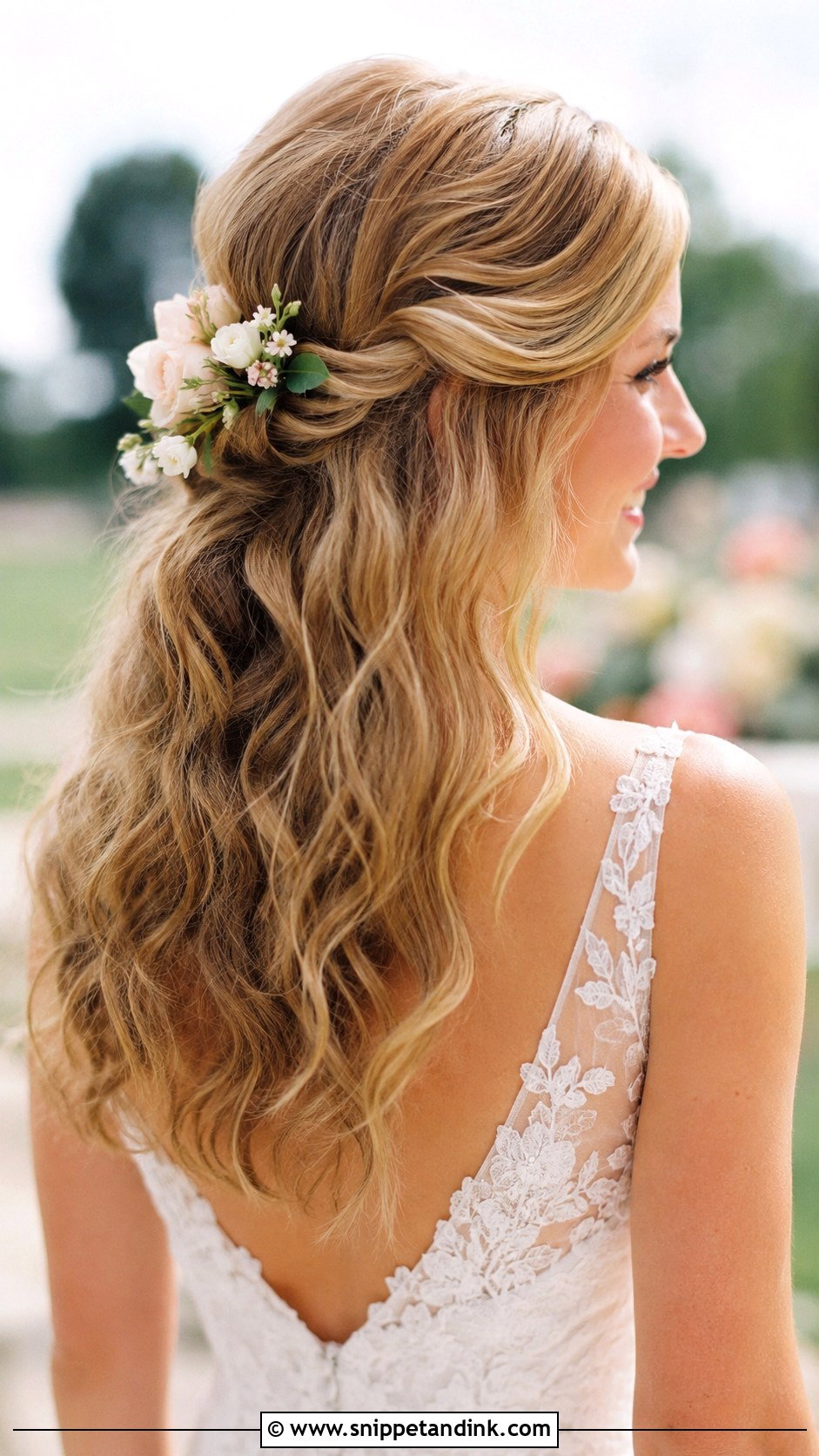 Twisted Half Up With Flowers - Snippet and Ink - 25 Hairstyles for Long Hair for Wedding