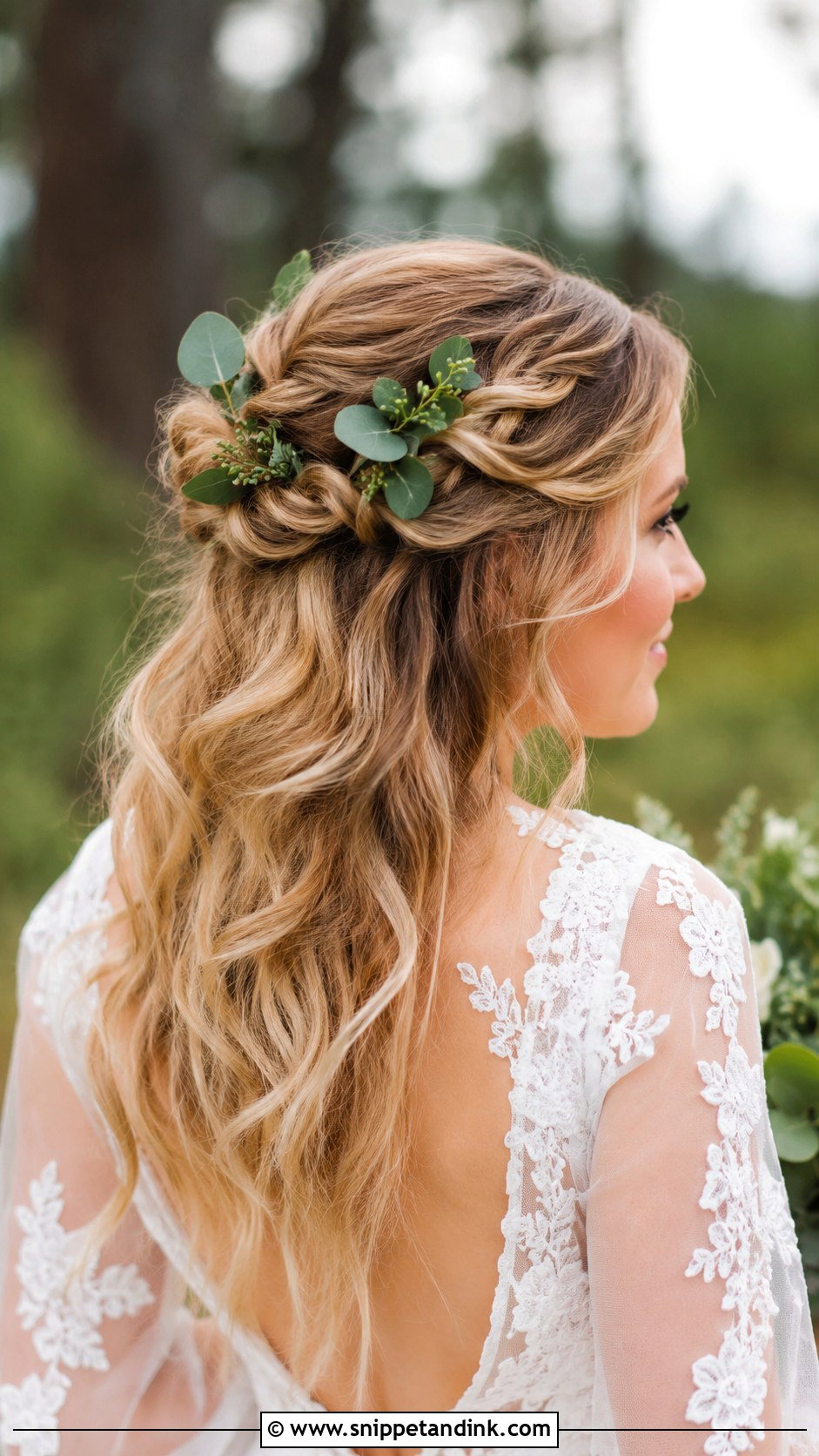 Twisted Half Up With Greenery - Snippet and Ink - 20 Hippie Wedding Hair Ideas