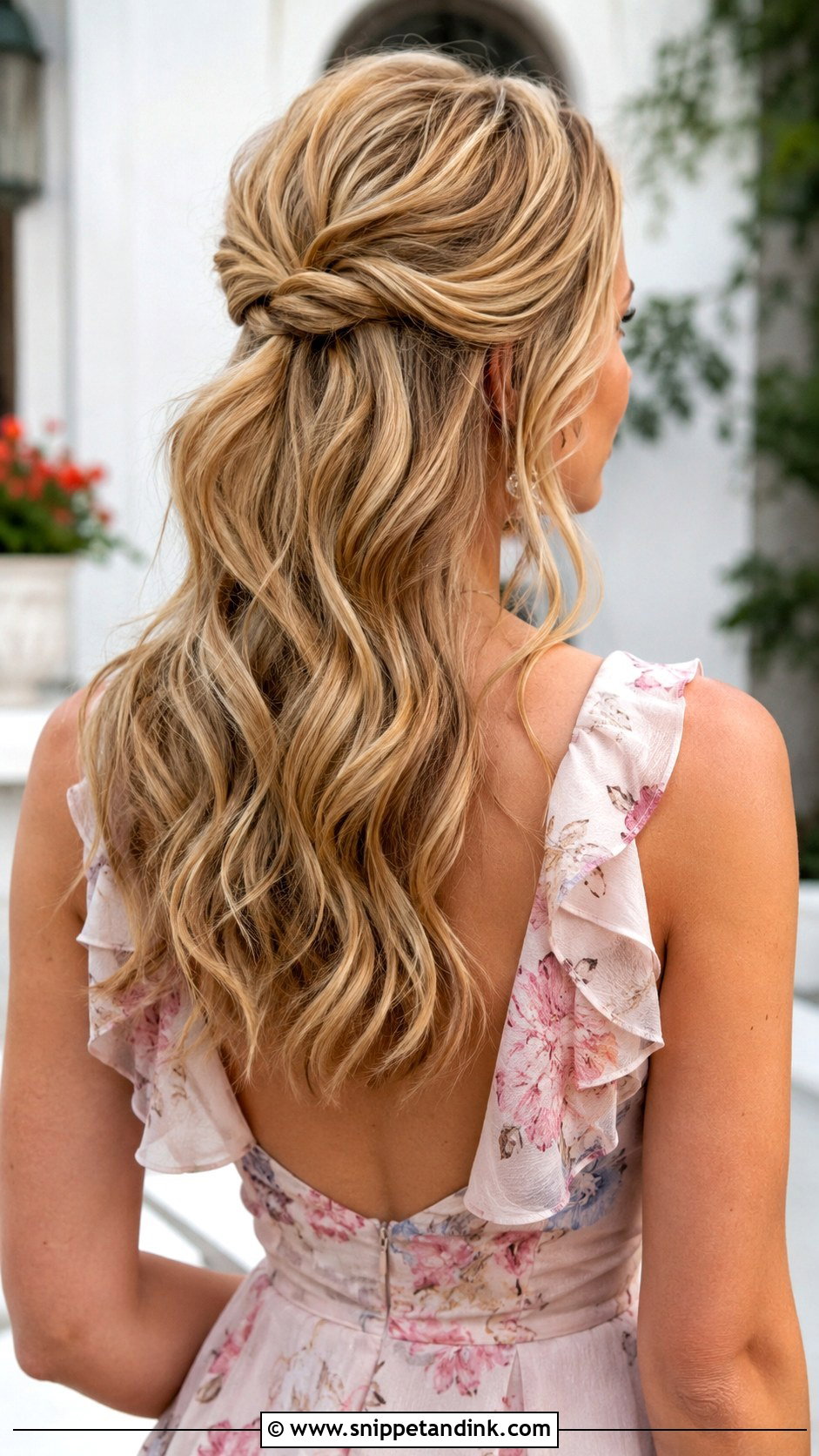 Twisted Half Up With Loose Waves - Snippet and Ink - 20 Medium Half-Up Wedding Guest Hairstyles