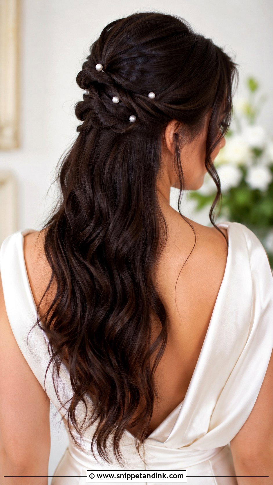 Twisted Half Up With Pearl Pins - Snippet and Ink - 20 Long Brunette Half-Up Half-Down Wedding Hair Ideas