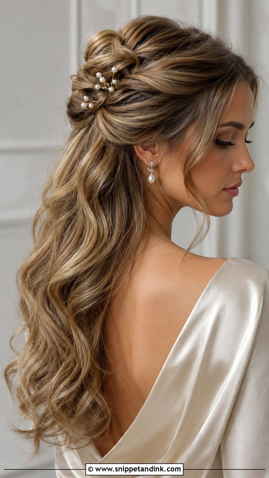 Twisted Half Up With Pearl Pins - Snippet and Ink - 25 Elegant Half-Up Half-Down Wedding Hair Ideas