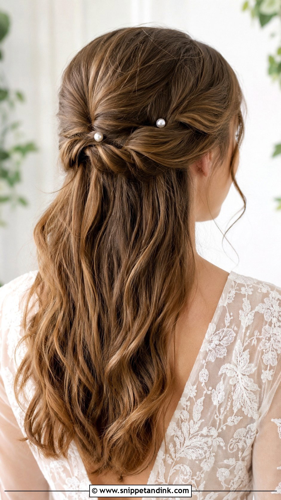 Twisted Half Up With Pearl Pins - Snippet and Ink - 20 Hairstyles for Medium Length Hair Wedding Guest