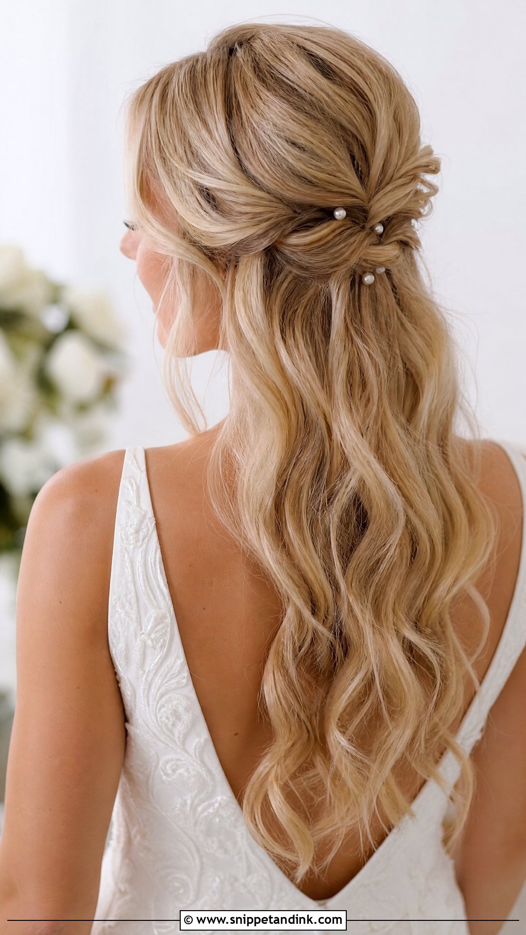 Twisted Half Up With Pearls - Snippet and Ink - 20 Medium Wedding Hairstyles