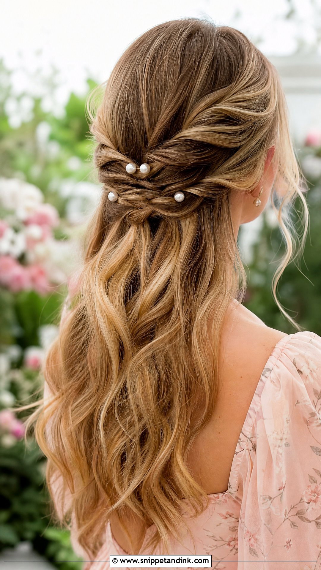 Twisted Half Up With Pearls - Snippet and Ink - 20 Shoulder Length Wedding Guest Hair Ideas