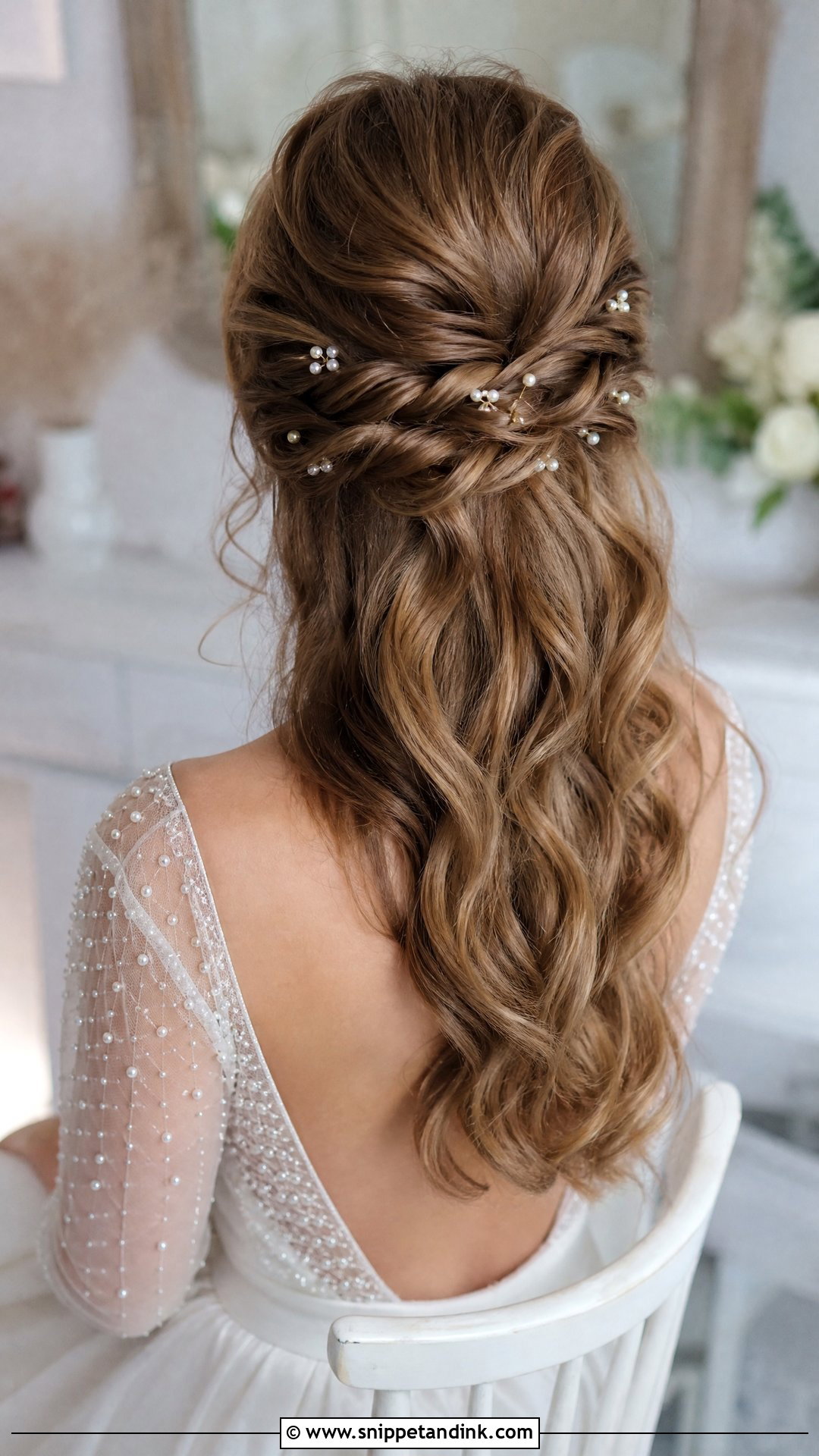 Twisted Half Up With Pearls - Snippet and Ink - 20 Wedding Hair Inspo Ideas