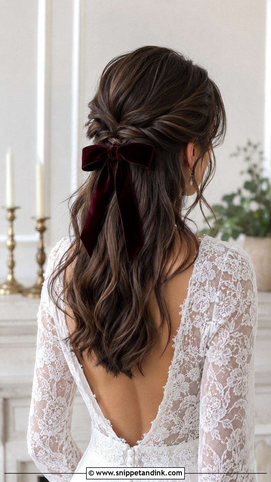 Twisted Half Up With Velvet Bow - Snippet and Ink - 20 Half-Up Half-Down Wedding Hair with Bow Ideas