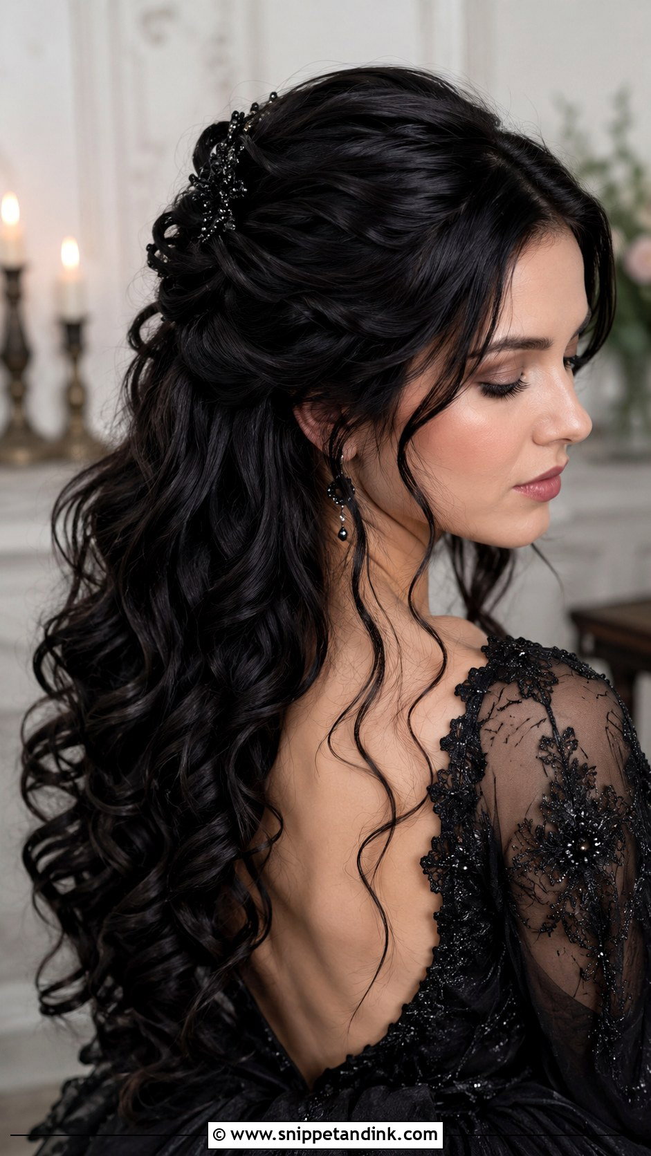 Twisted Half Updo With Cascading Curls - Snippet and Ink - 25 Goth Wedding Hair Ideas