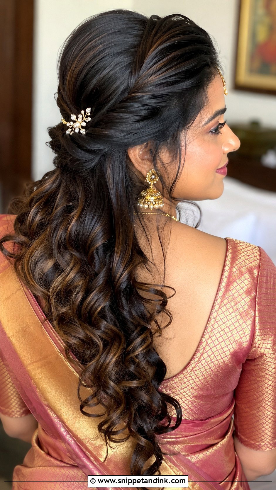 Twisted Half Updo With Curls - Snippet and Ink - 30 Kerala Bride Hairstyles