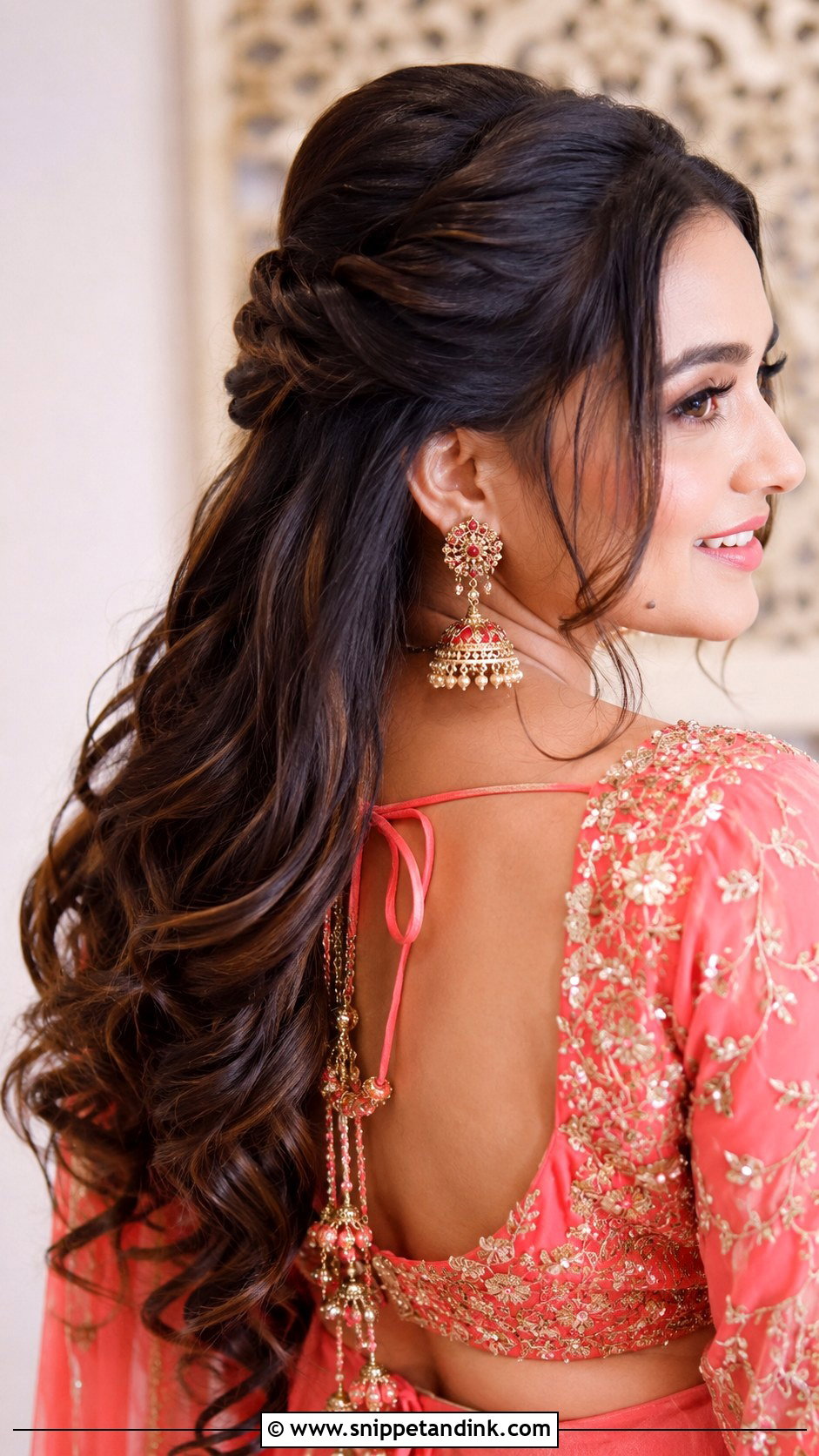 Twisted Half Updo With Curls - Snippet and Ink - 20 Indian Wedding Hairstyles for Round Face