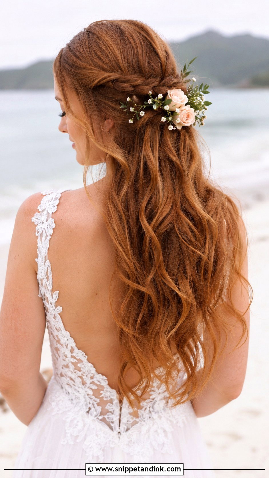 Twisted Half Updo With Flowers - Snippet and Ink - 30 Beach Wedding Hair Ideas