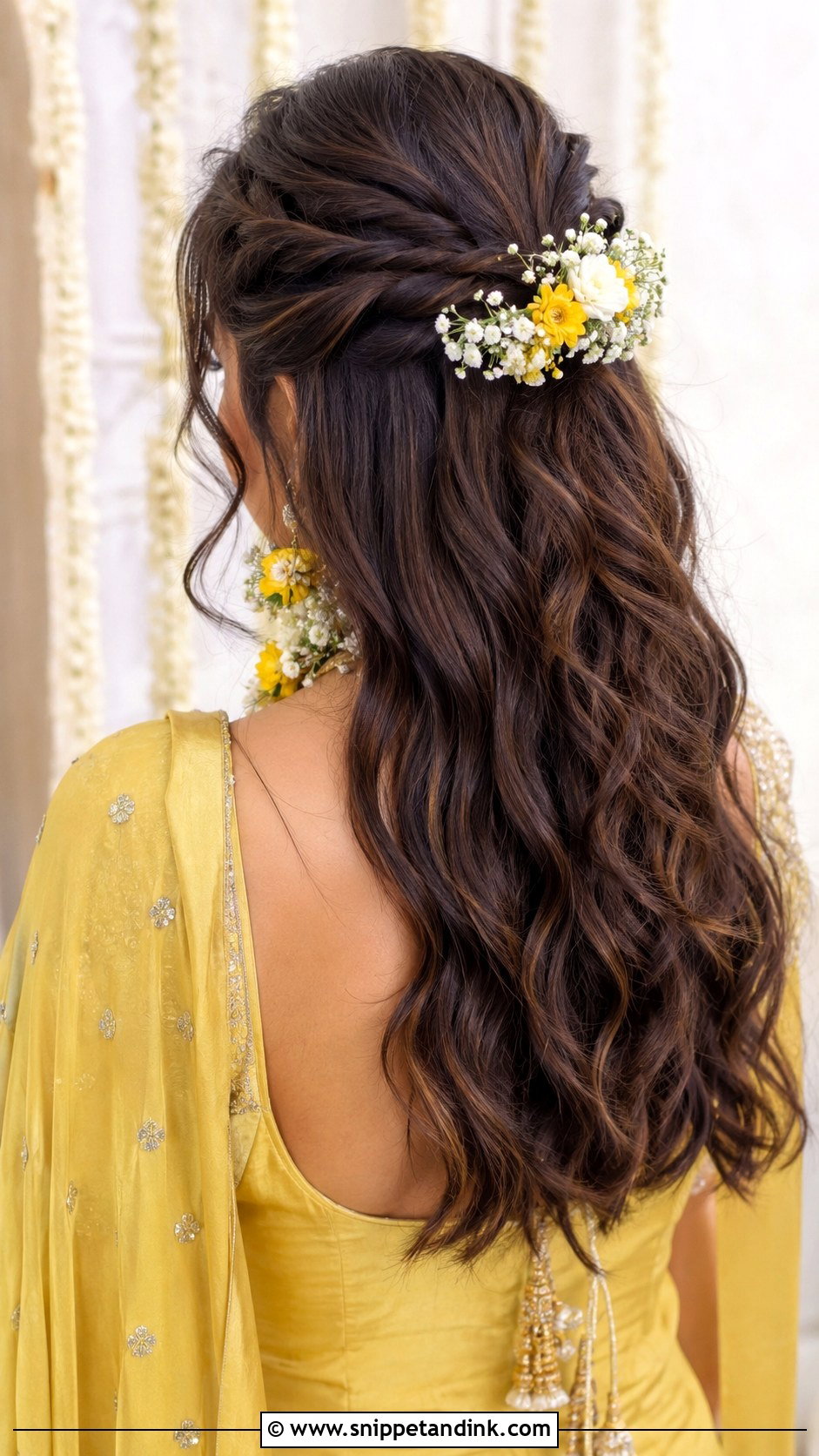 Twisted Half Updo With Flowers - Snippet and Ink - 25 Hairstyles for Haldi Ceremony