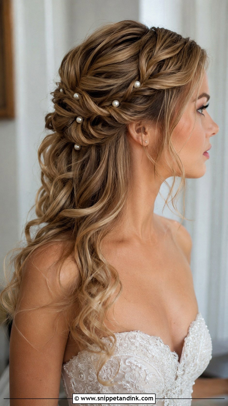 Twisted Half Updo With Pearl Pins - Snippet and Ink - 20 Medium Length Wedding Half-Up Half-Down Ideas
