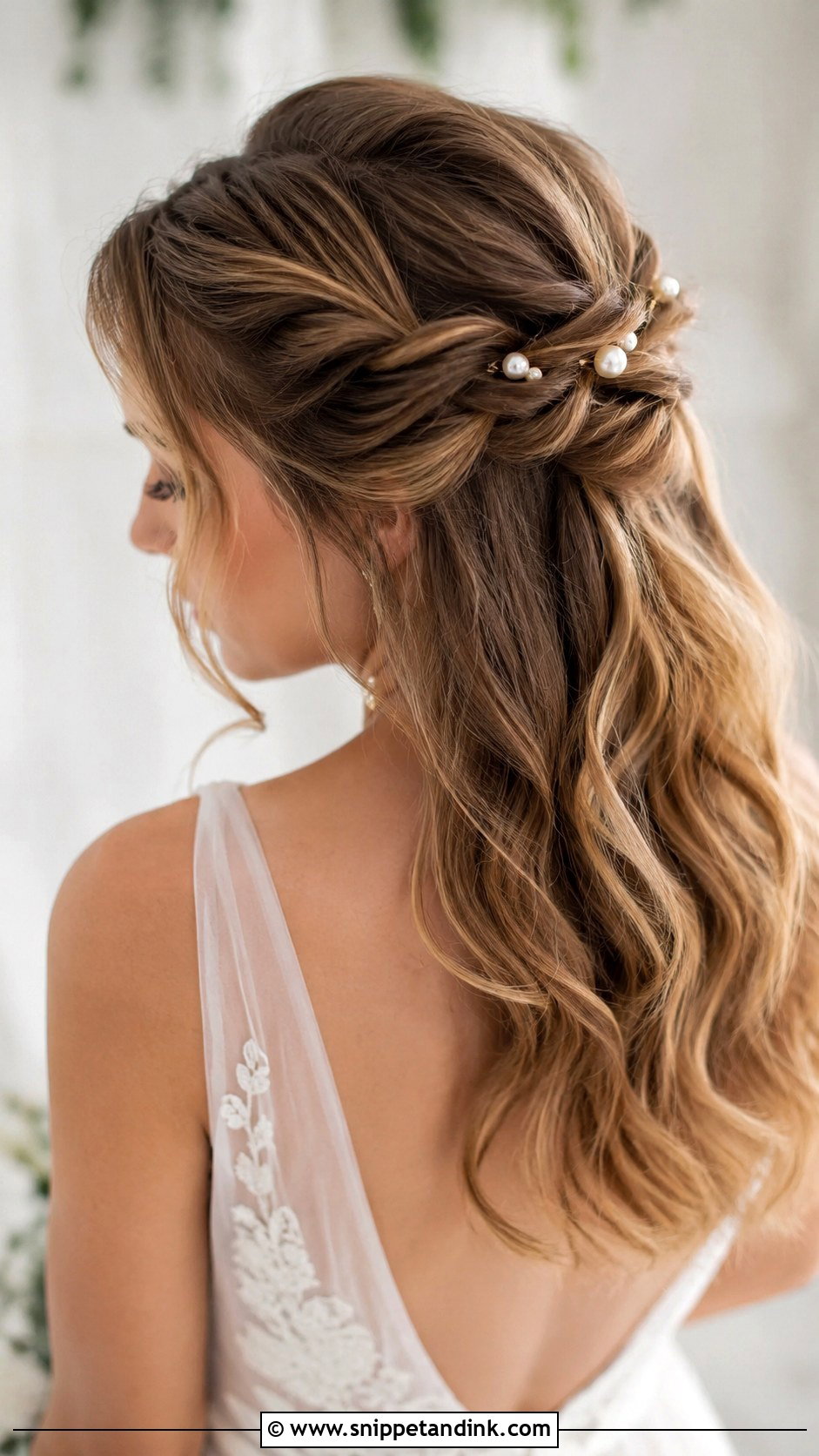 Twisted Half Updo With Pearls - Snippet and Ink - 20 Medium Length Hairstyles for Wedding Guest