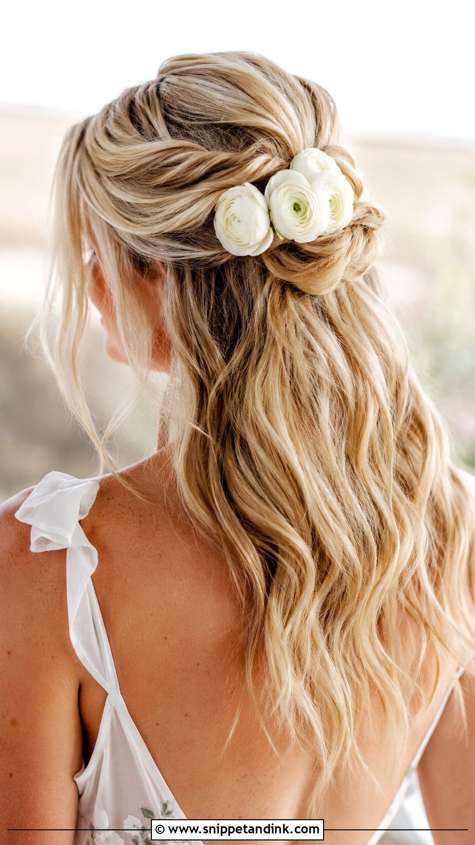 Twisted Half Updo With Ranunculus - Snippet and Ink - 20 Bride Hair Flowers