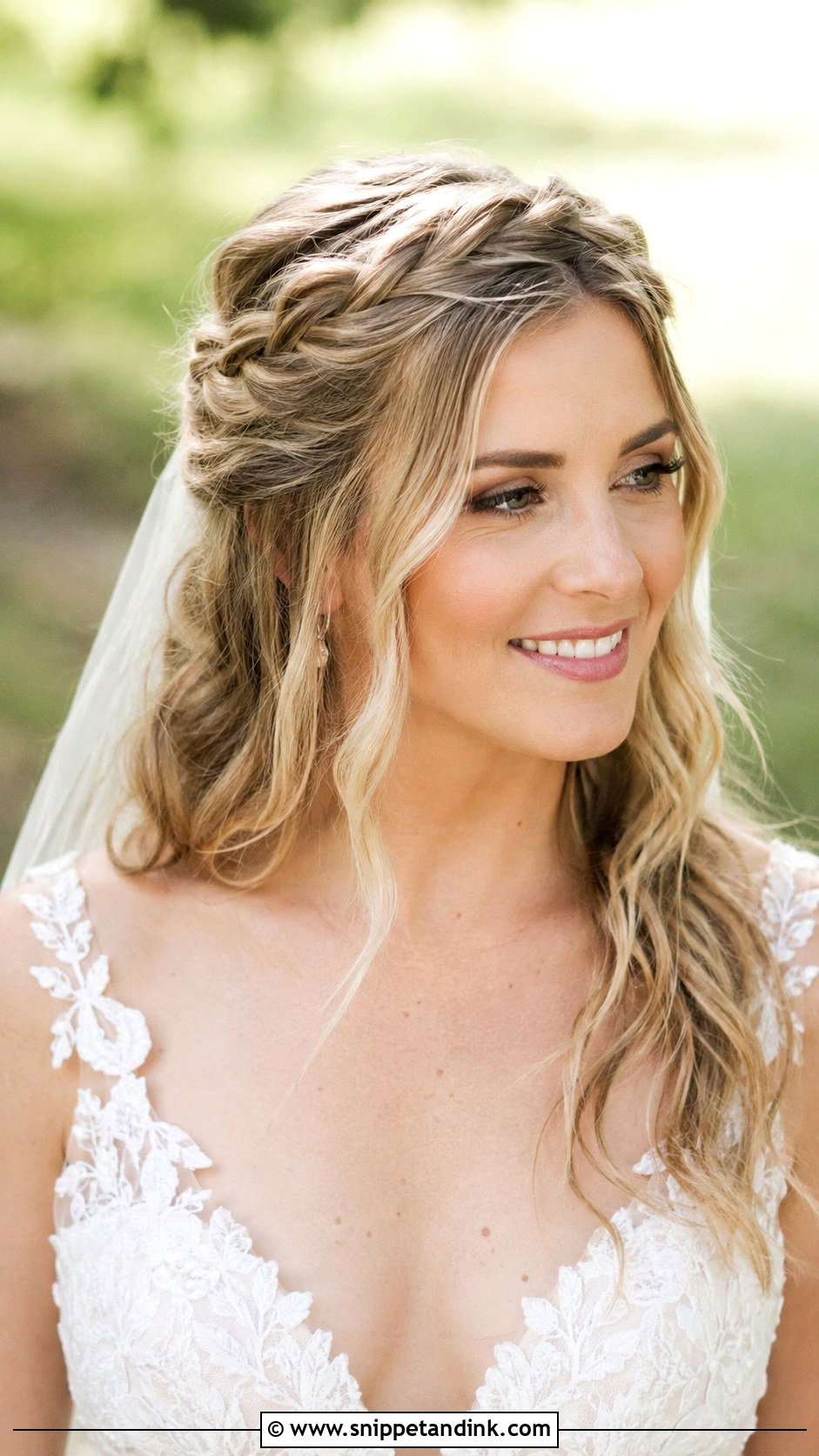 Twisted Halo Half Up Wedding Hairstyle - Snippet and Ink - 20 Half-Up Half-Down Wedding Hair Inspo Ideas