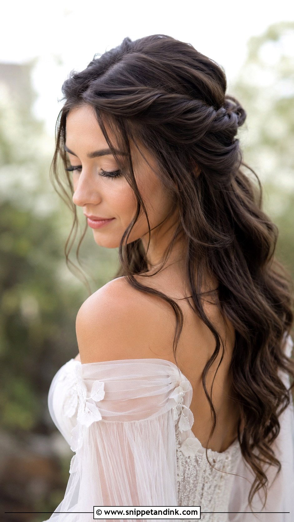 Twisted Halo Half Up With Tendrils - Snippet and Ink - 20 Long Brunette Half-Up Half-Down Wedding Hair Ideas
