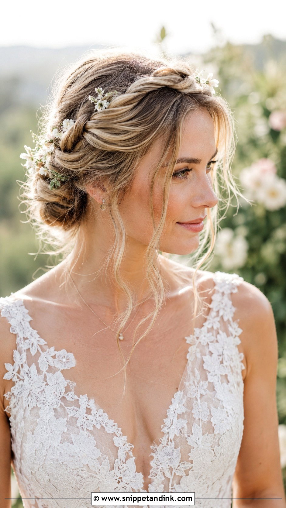 Twisted Halo Updo With Tendrils - Snippet and Ink - 20 Classy Elegant Updo Wedding Hairstyles