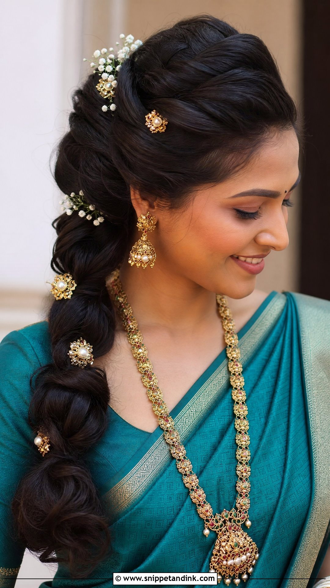Twisted High Ponytail With Hair Jewelry - Snippet and Ink - 20 South Indian Wedding Hairstyles for Short Hair