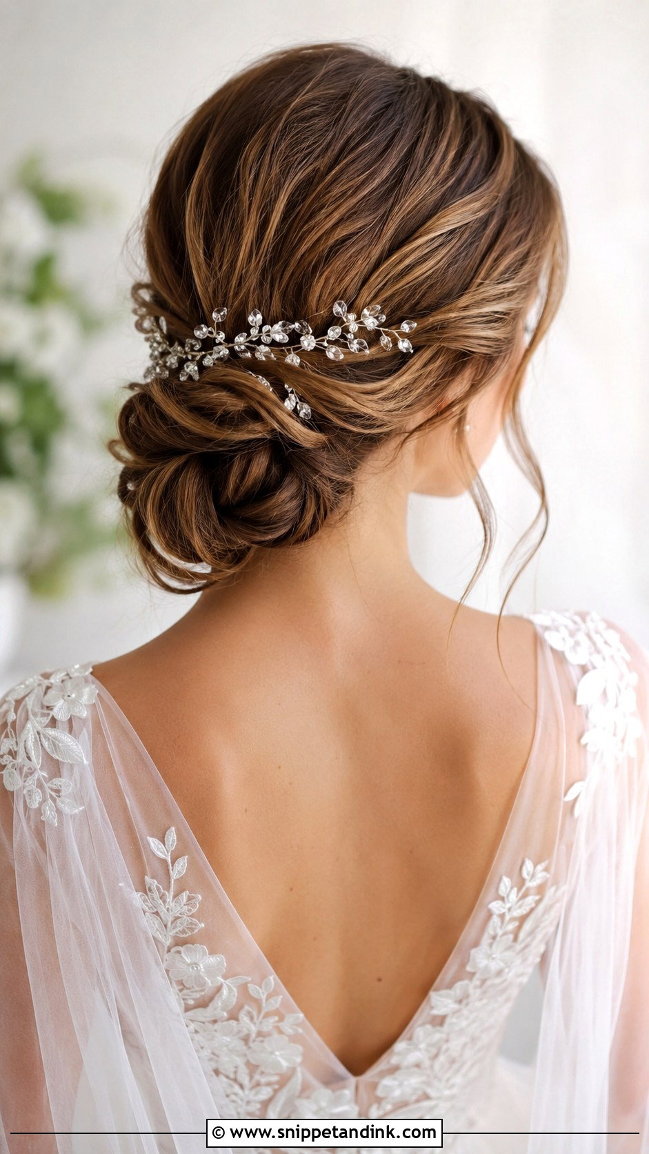 Twisted Low Bun With Crystal Vine Headband - Snippet and Ink - 20 Bridal Updo with Headband Ideas