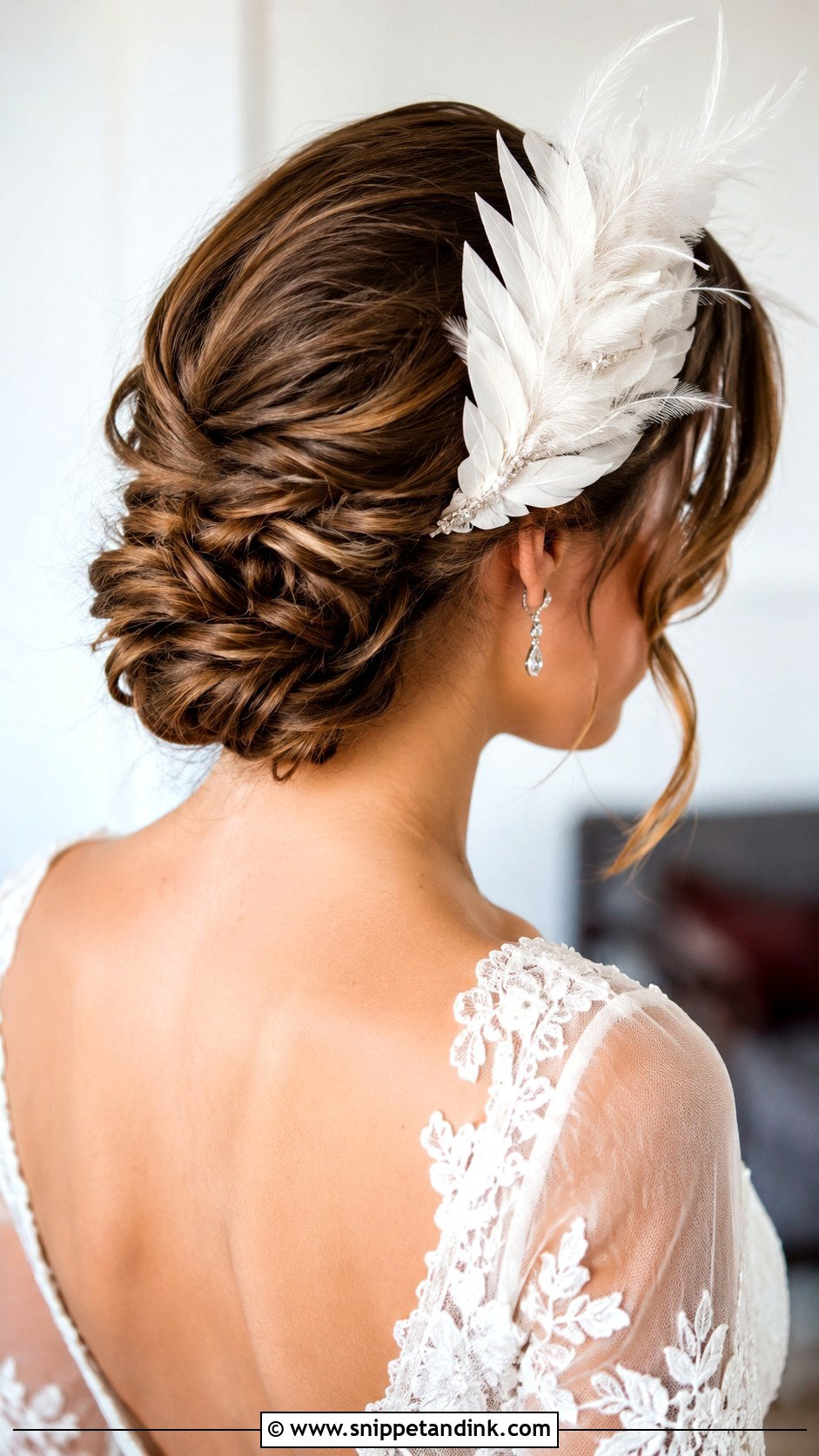 Twisted Low Bun With Feather Fascinator - Snippet and Ink - 25 Facinators Wedding Hairstyles