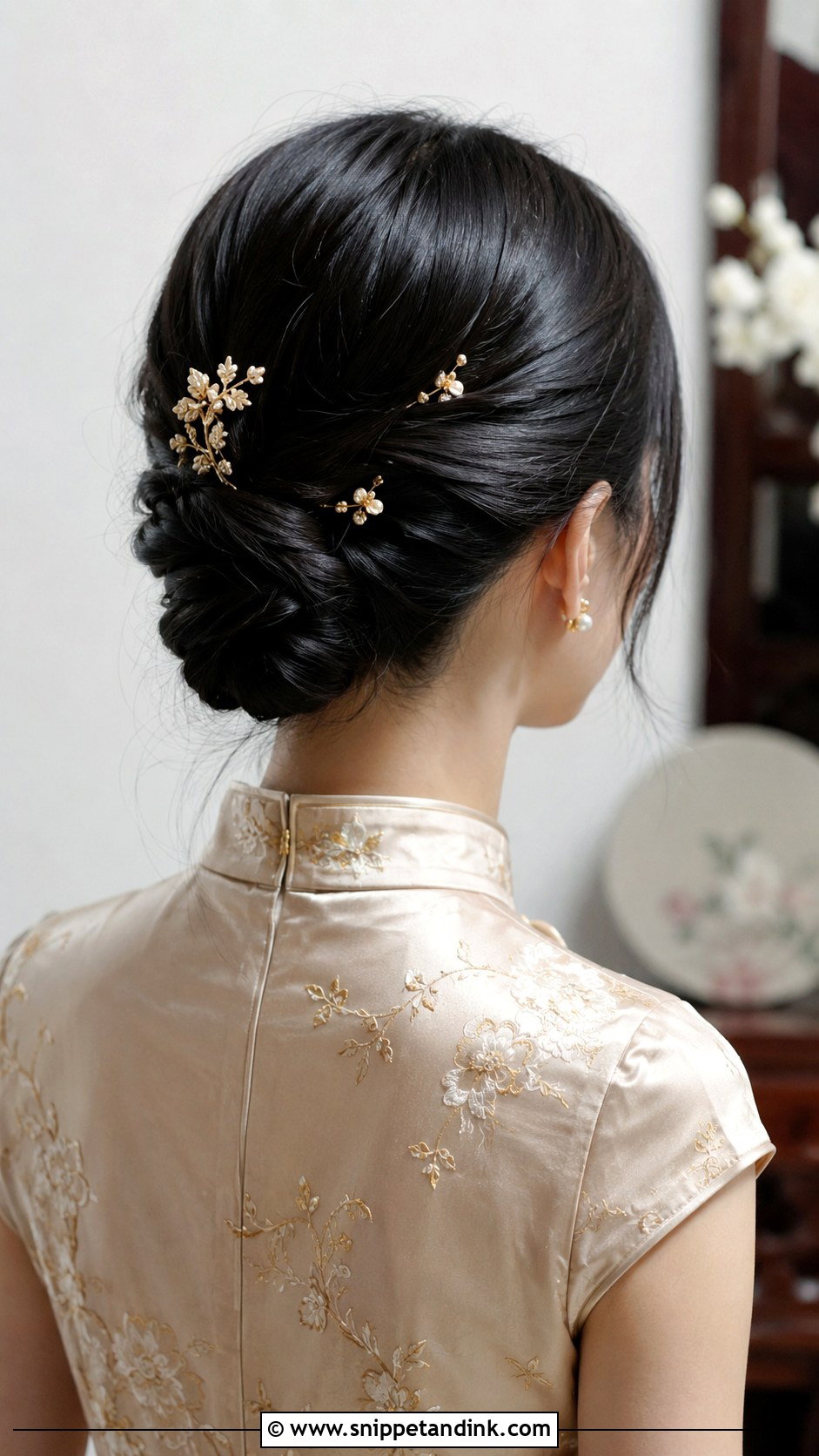 Twisted Low Bun With Gold Hairpins - Snippet and Ink - 20 Sangjit Hairstyle Ideas