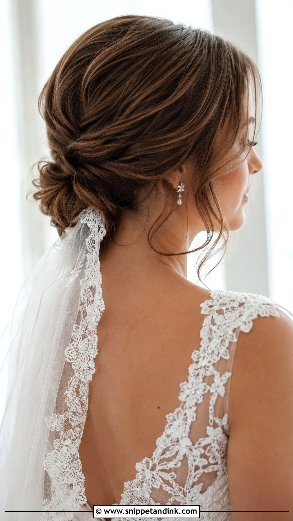 Twisted Low Bun With Lace Edge Veil - Snippet and Ink - 25 Updo with Veil Ideas