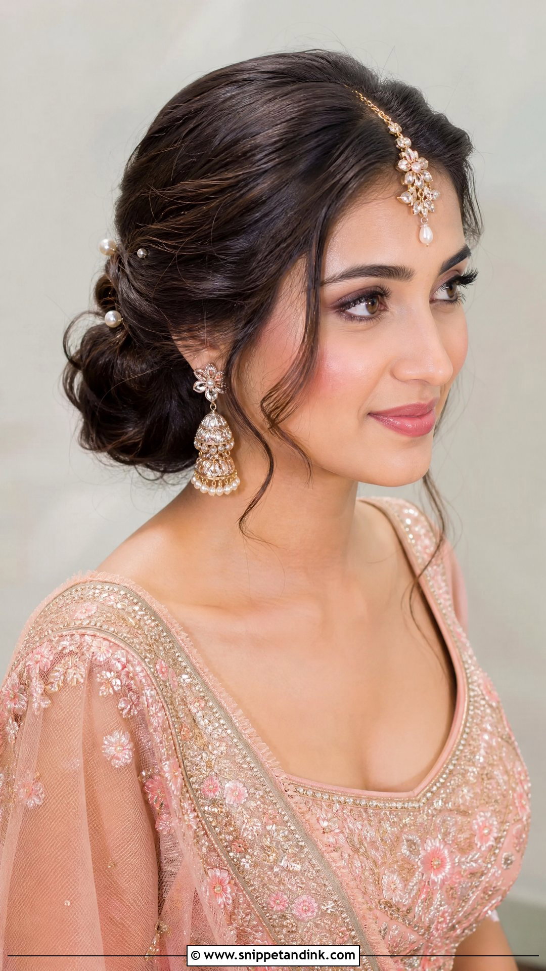 Twisted Low Bun With Maang Tikka - Snippet and Ink - 20 Traditional Indian Wedding Hairstyles
